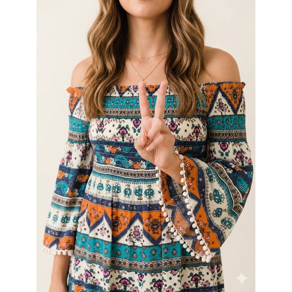 Umgee Boho Smocked Off Shoulder Bell Sleeve Babydoll Tunic Dress Pom Pom Trim M